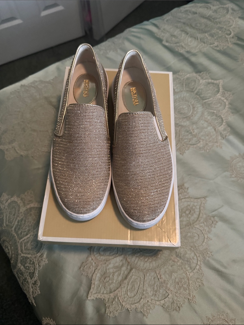 Michael Kors Glitter Slip-On Sneakers - Gold & White - Picture 1 of 1